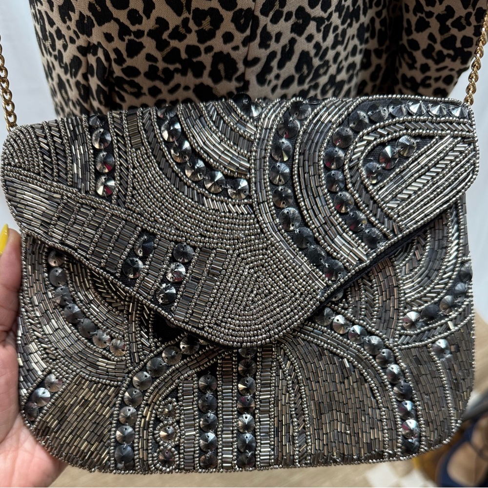 Elegant Black and Silver Beaded Clutch with Strap